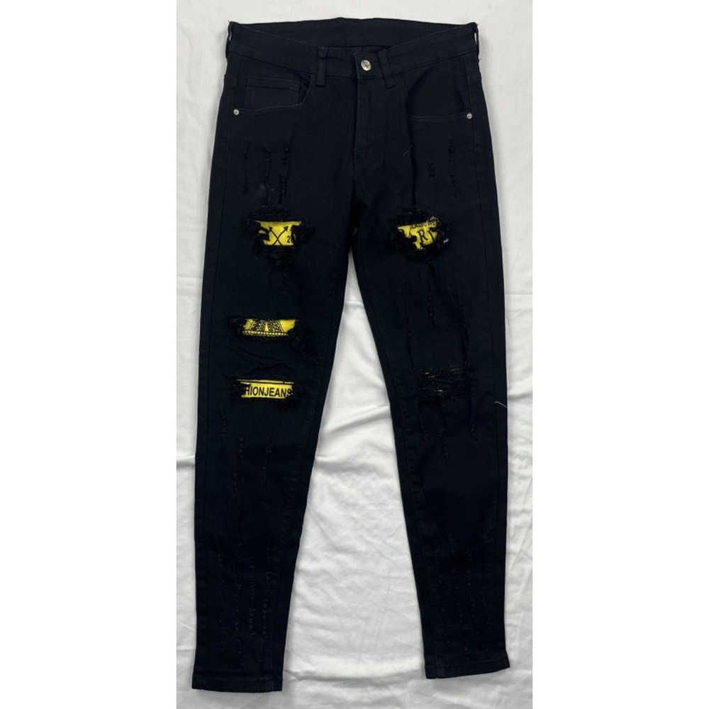 SHEIN Mens 29 Black Ripped Distressed Skinny Jeans Yellow Graphic Patches Grunge